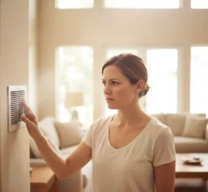 Woman checking air conditioner vent feeling warm air with frustrated expression.