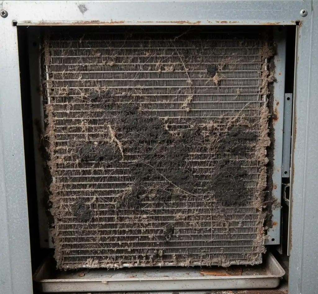 Dirty HVAC evaporator coil covered in dust and mold causing musty smells.