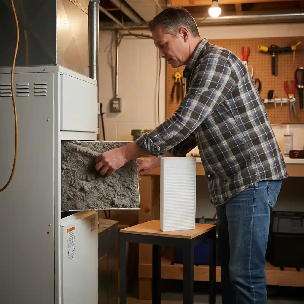 Homeowner changing a dirty air filter in a residential furnace system.