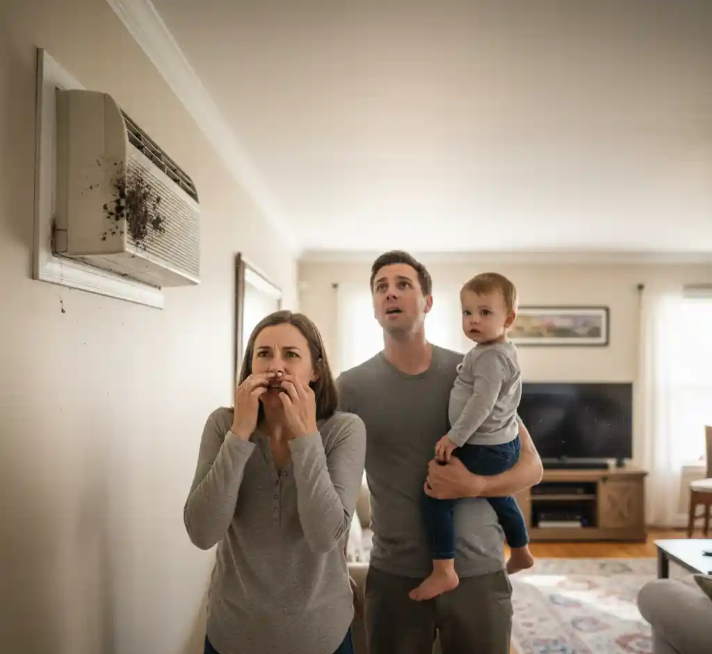 Woman covering nose due to bad smell coming from air conditioner vent.