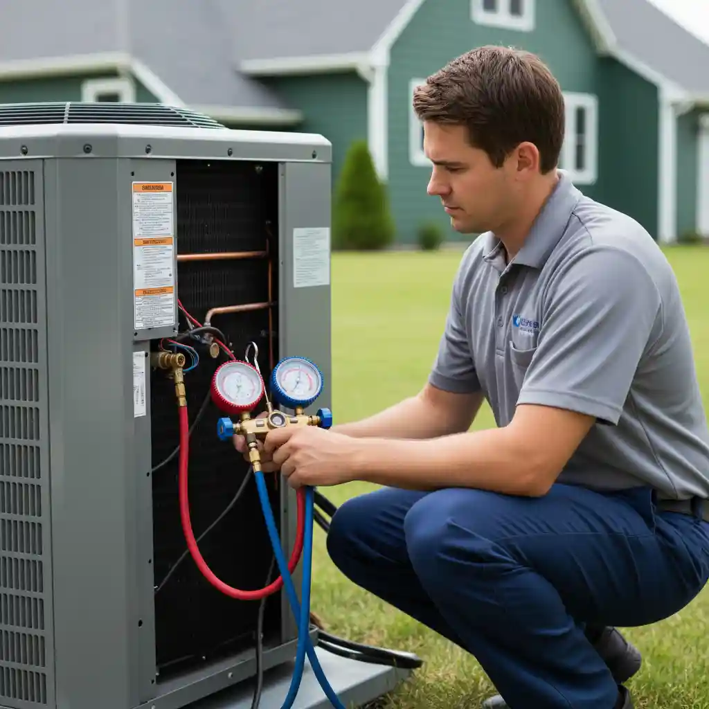 Licensed HVAC technician using manifold gauges to check refrigerant levels on outdoor AC unit.