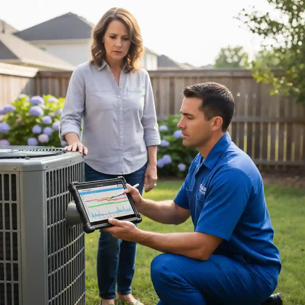 Professional HVAC technician explaining repair costs versus replacement options to a homeowner on a tablet.