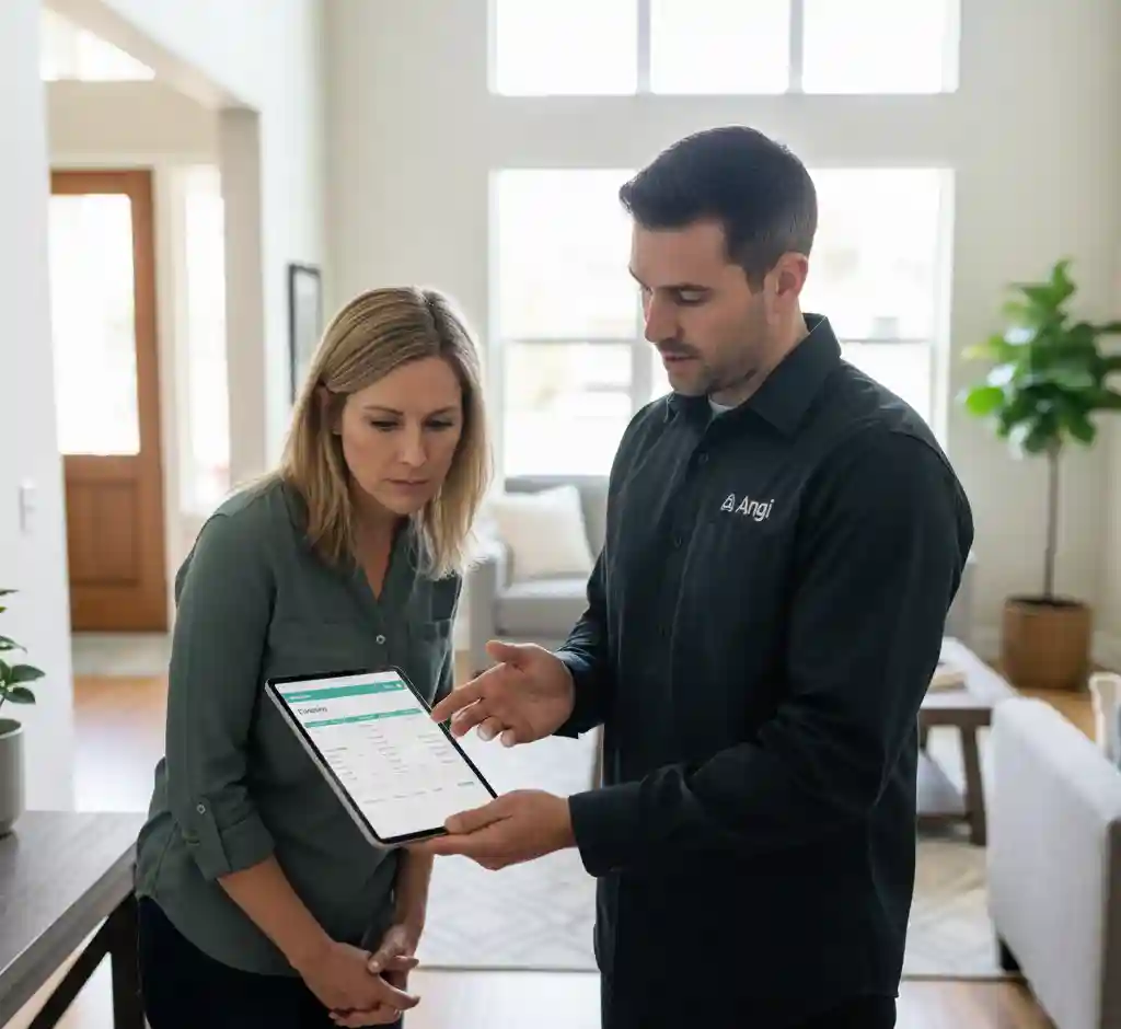 Contractor showing HVAC replacement quote to homeowner on a tablet.