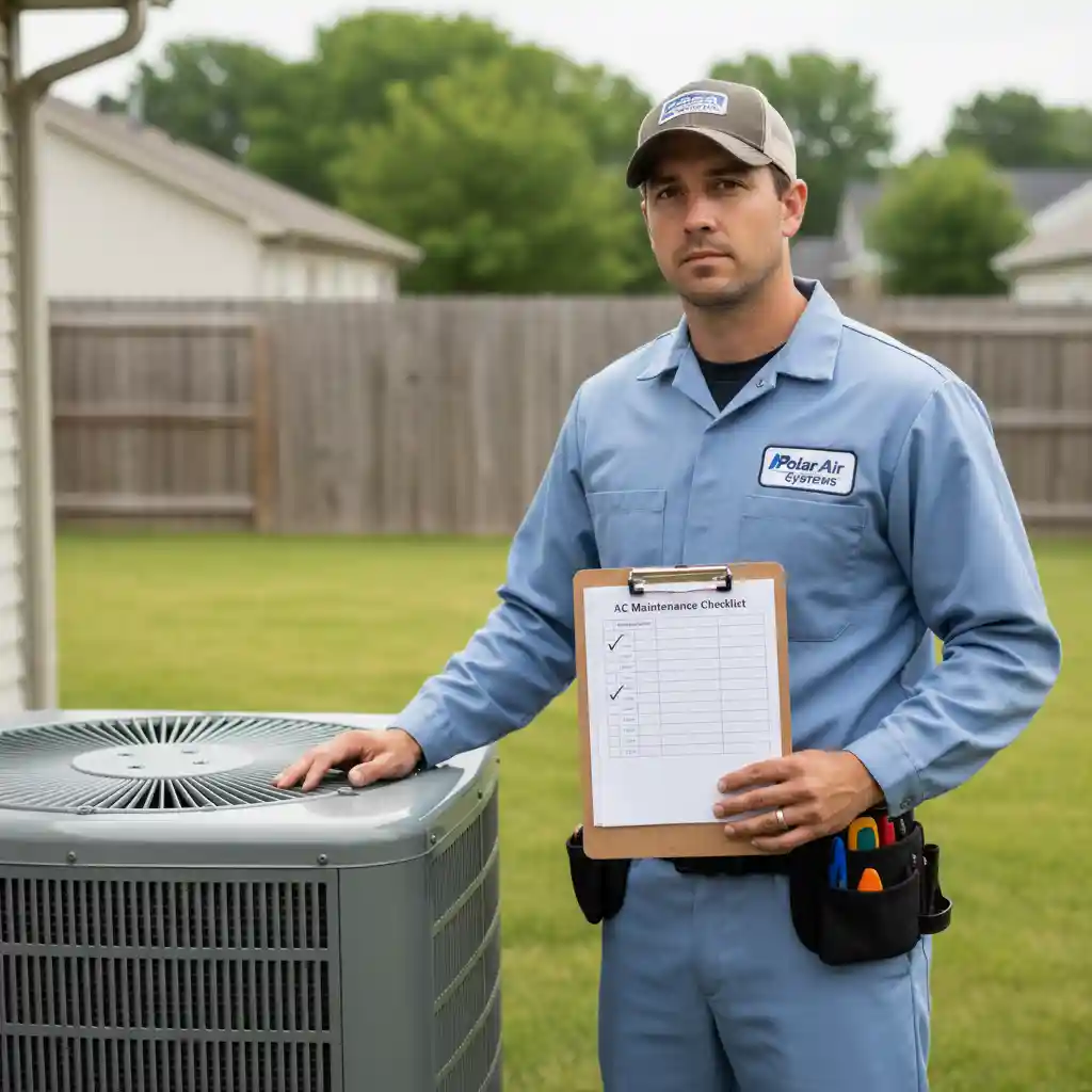 HVAC technician holding a maintenance checklist clipboard in front of an AC unit.