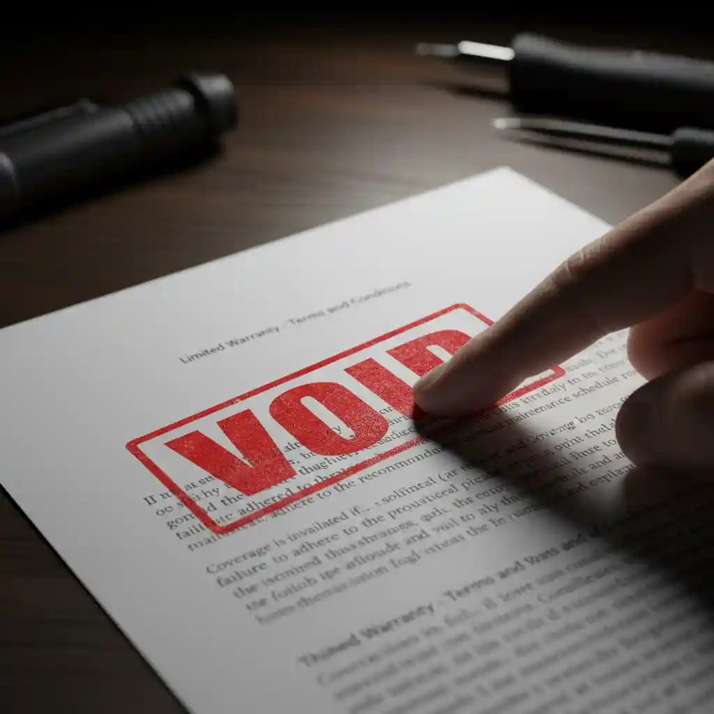 Concept image of a warranty document being stamped "VOID" due to lack of maintenance.